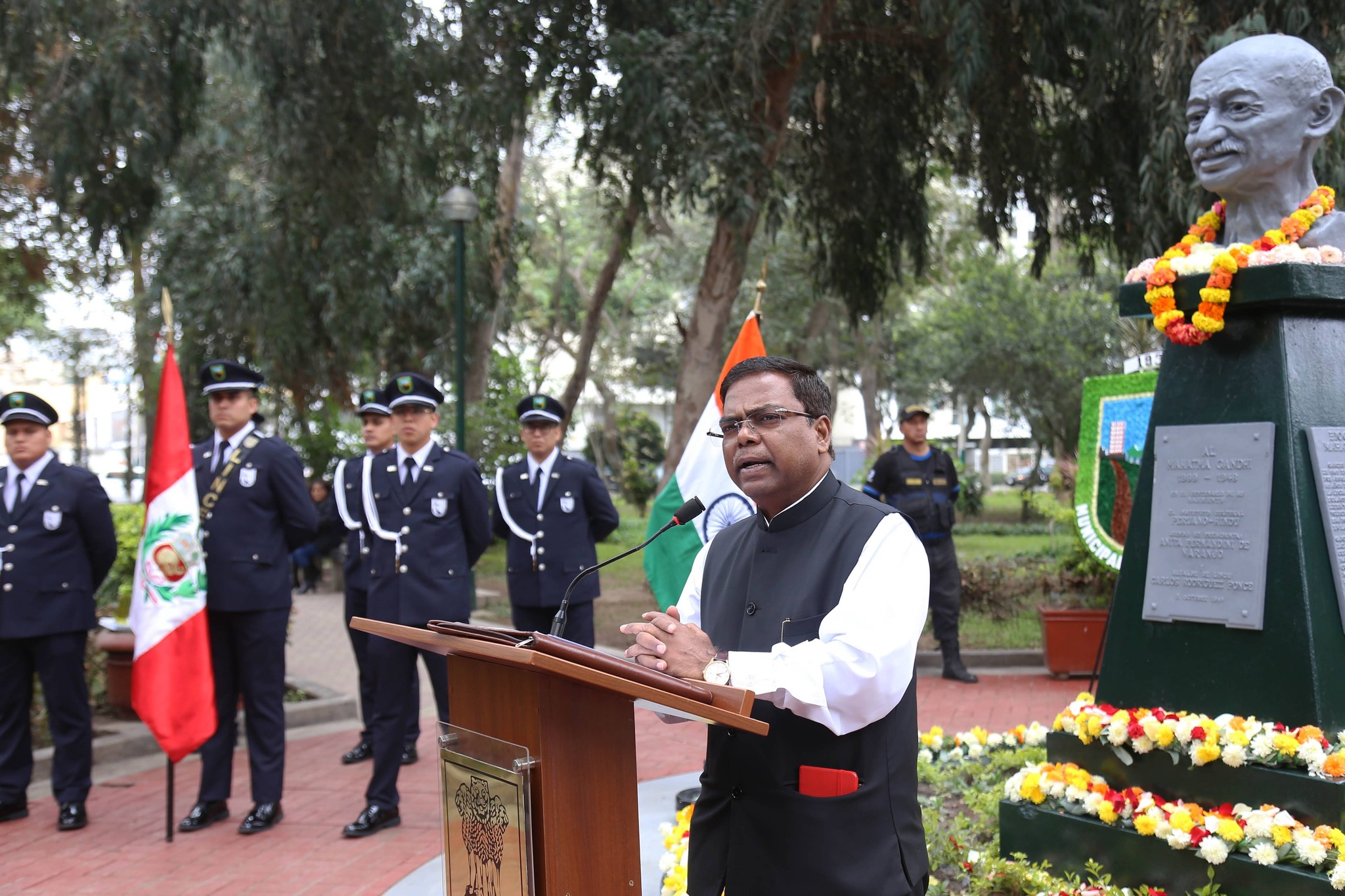 Floral tributes paid to Mahatma Gandhi on the occasion of #GandhiJayanti 2023 at Mariscal Castilla Park, Lima. Father of Nation's universal ideals of truth, peace, compassion and non-violance continue to reveal the right course of action.